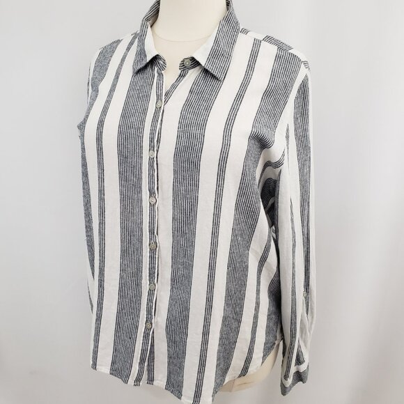 Orvis Linen Blend Button-Down Shirt XXL Stripes Blue White Roll-Tab Sleeve - Picture 3 of 9